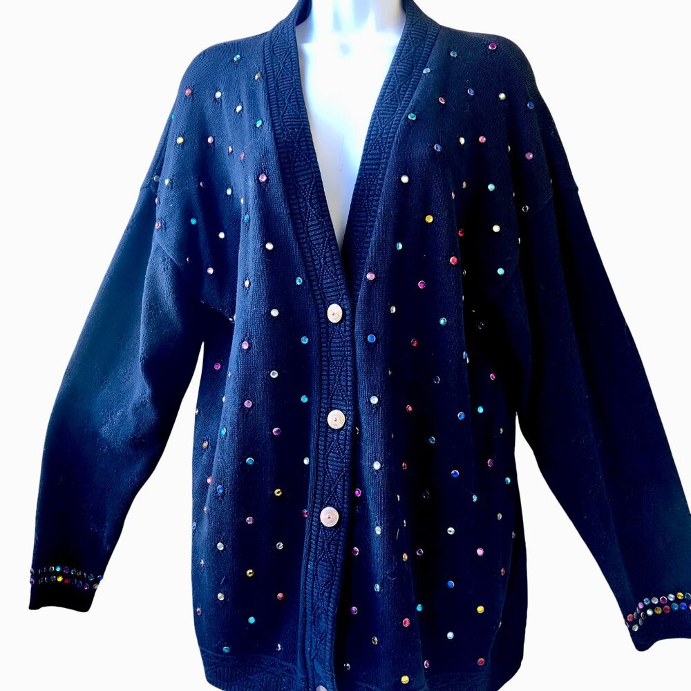 DONYA Z NEW YORK Vintage 80's Black Cardigan Sweater BLING